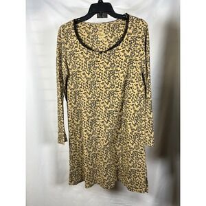 Simply Basic SleepwearNightgown Tan Black Animal Print Lace Trim Long Sleeve S/M